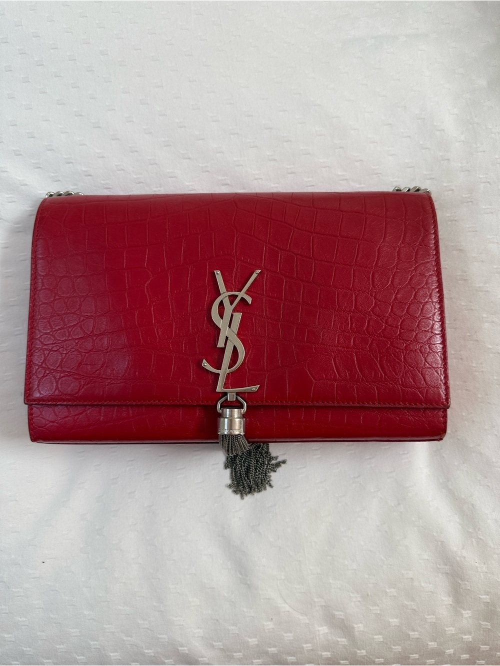 Saint Laurent Red Croc-Embossed Leather Tassel Chain Crossbody Bag